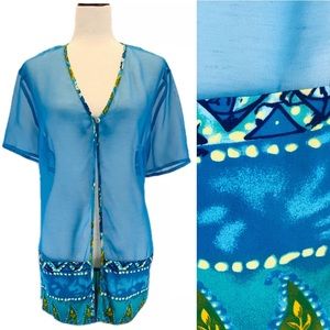 VINTAGE Bright Blue Sheer Batik Trim Swim Coverup